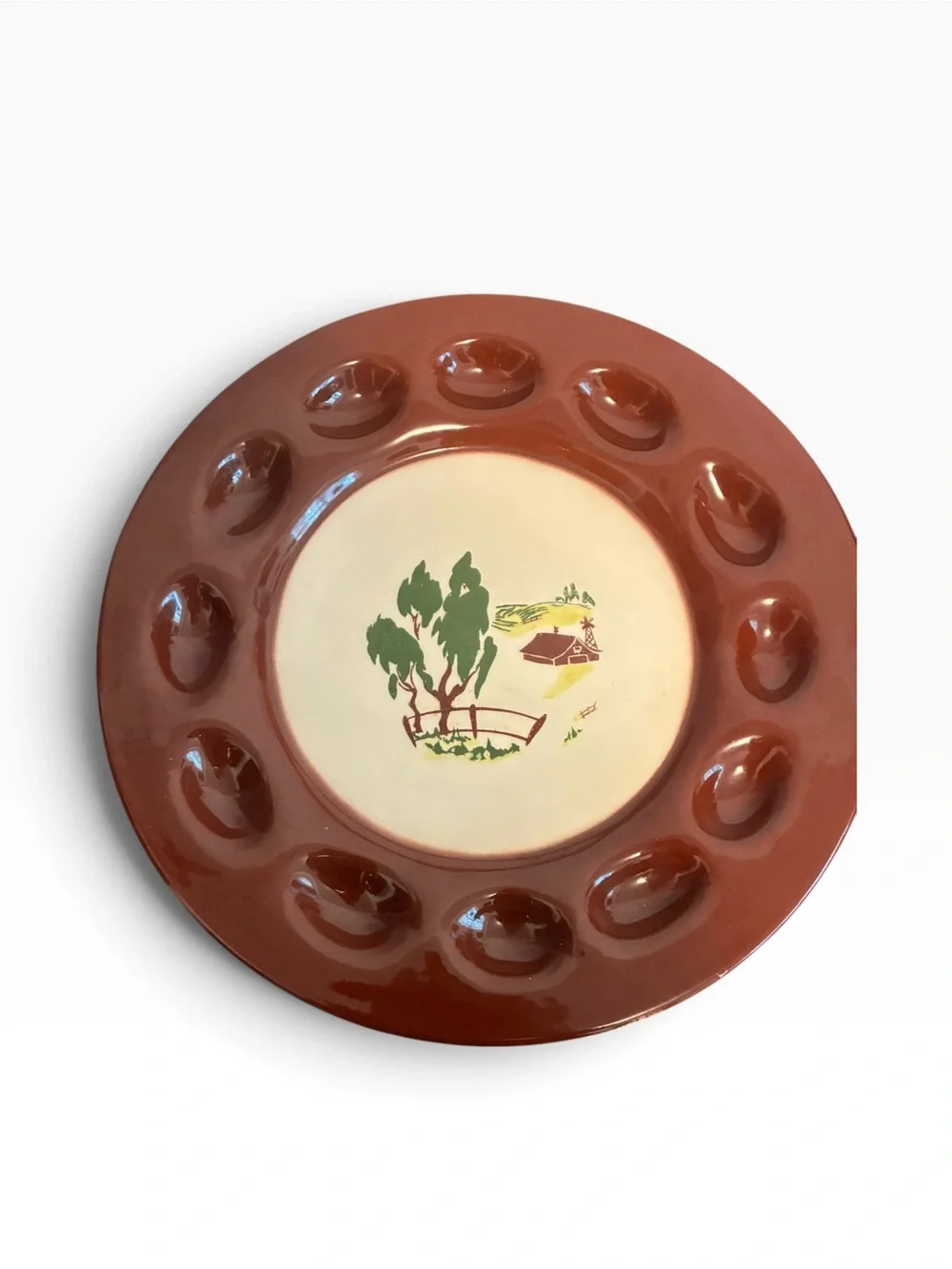 Vintage Brock of California Deviled Egg Platter Farm Scene Brown Ceramic Tray